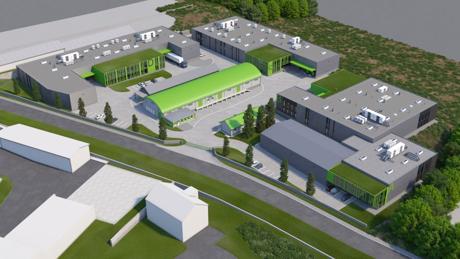 3D vizualizácia moderného priemyselného areálu z vtáčej perspektívy so sivými halami, zelenými prvkami a parkoviskom.